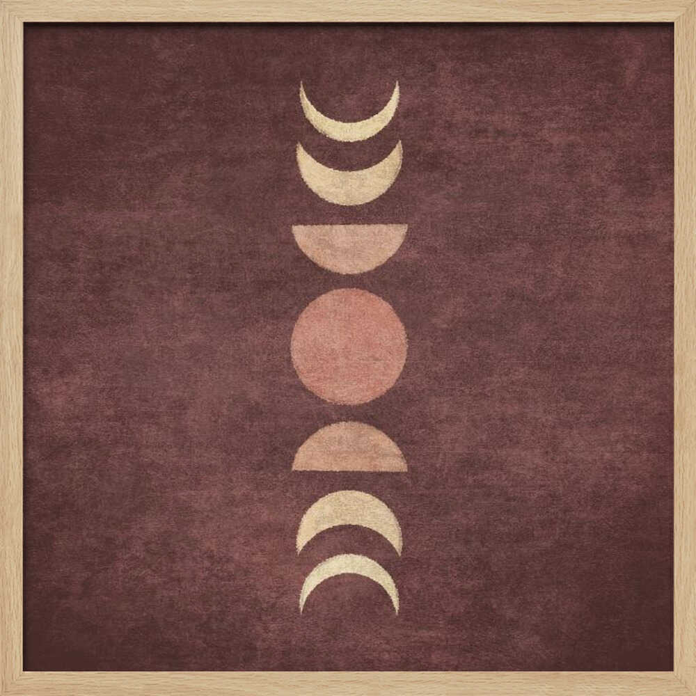 A minimalist piece of framed art showing the phases of the moon arranged vertically against a textured, deep maroon background. The moon shapes are colored in shades of cream and dusty rose, with the full moon in the center. Print