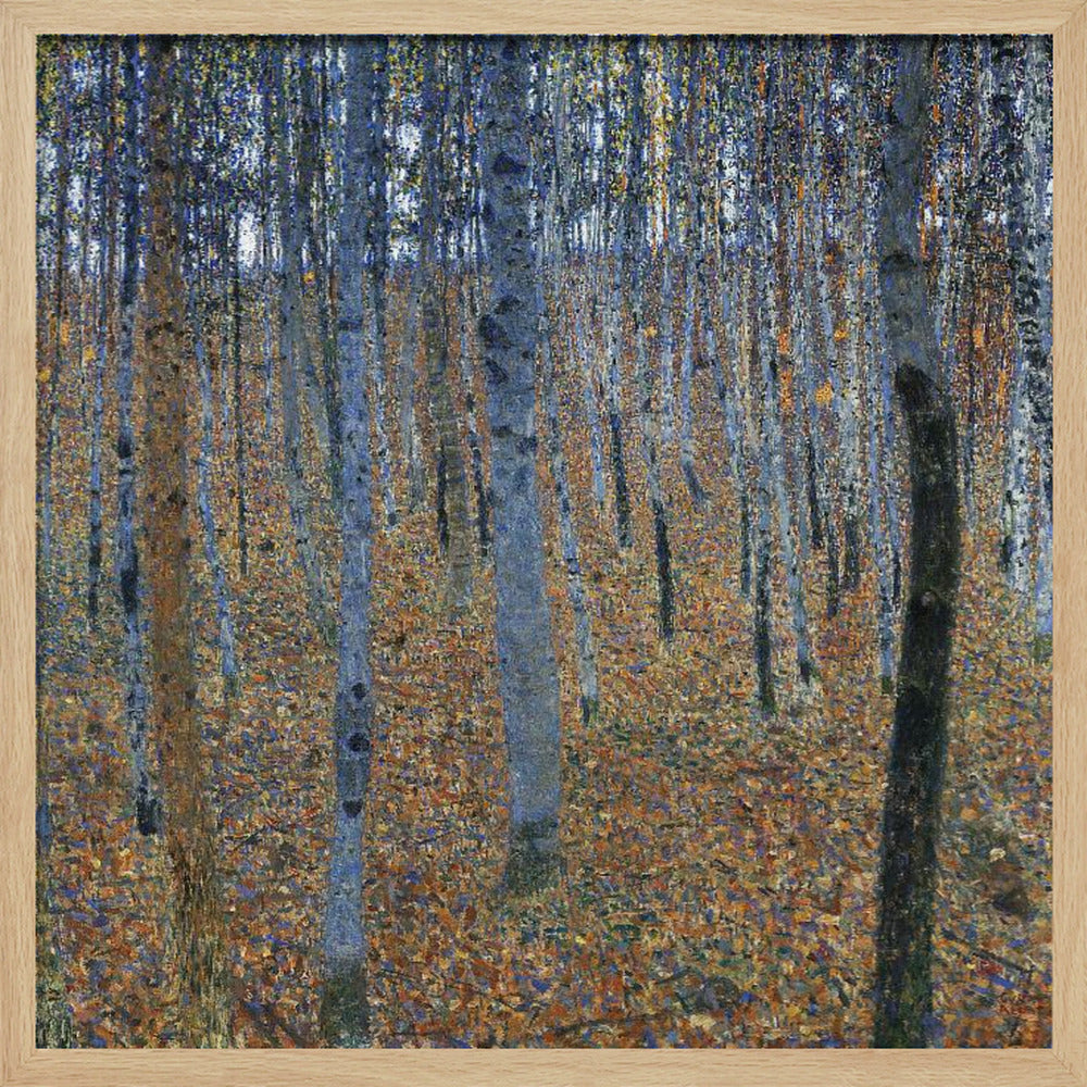 A framed impressionist-style painting of a dense birch forest. The ground is a mosaic of warm orange and brown autumn leaves, contrasting with the cool blue and gray tones of the slender tree trunks that fill the canvas. Print