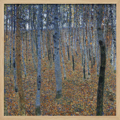 A framed impressionist-style painting of a dense birch forest. The ground is a mosaic of warm orange and brown autumn leaves, contrasting with the cool blue and gray tones of the slender tree trunks that fill the canvas. Print