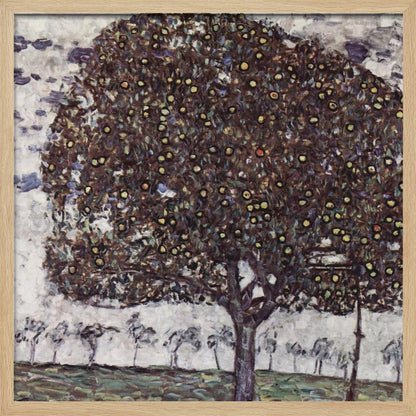 A framed impressionist painting of a large, round apple tree with a dense, dark canopy speckled with yellow apples. The tree stands in the foreground of a green field, with a row of smaller, paler trees in the background under a light, cloudy sky. Poster
