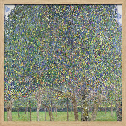 An impressionistic painting by Gustav Klimt of a pear tree orchard. The leaves of the trees are a dense mosaic of green, blue, and yellow brushstrokes, almost completely filling the upper part of the canvas. Below the vibrant canopy, the tree trunks stand on a bright green lawn. Print