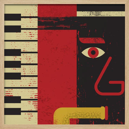 A framed abstract jazz music poster featuring a stylized musician's face, a piano keyboard, and a saxophone. The artwork uses a distressed texture with bold red, black, and cream colors for a vintage feel. Decor