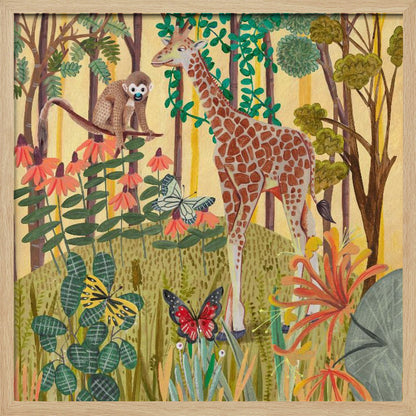 A framed, stylized painting of a jungle scene featuring a tall giraffe and a small monkey. The animals are surrounded by lush green foliage, orange and red flowers, and several butterflies against a warm yellow and light brown background with tree trunks. Decor