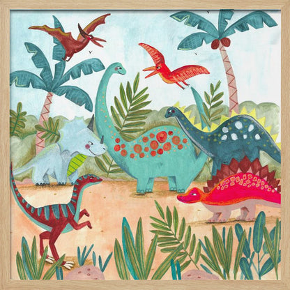 A vibrant, kid-friendly illustration of various colorful dinosaurs in a prehistoric jungle setting, framed in light wood. Dinosaurs include a teal brachiosaurus, a red stegosaurus, a blue triceratops, and flying pterodactyls against a light blue sky with palm trees. Decor