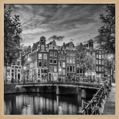 Monochrome art print depicting an idyllic impression of Singel in Amsterdam Wall Art