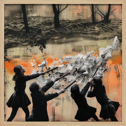 A framed mixed-media artwork featuring four children in dark uniforms collaboratively pushing long-handled tools into a large, textured wave of white paint. The background is an abstract blend of orange, black, and beige, with a dark, desolate landscape of bare trees at the top. Wall Art