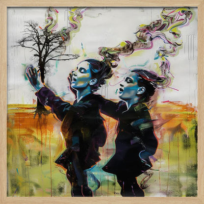 A contemporary painting in a light wood frame depicting two stylized female figures in dark clothes against an abstract background. One reaches for a small, bare tree while both look upwards with open mouths, as colorful, smoke-like swirls rise from behind them. Print