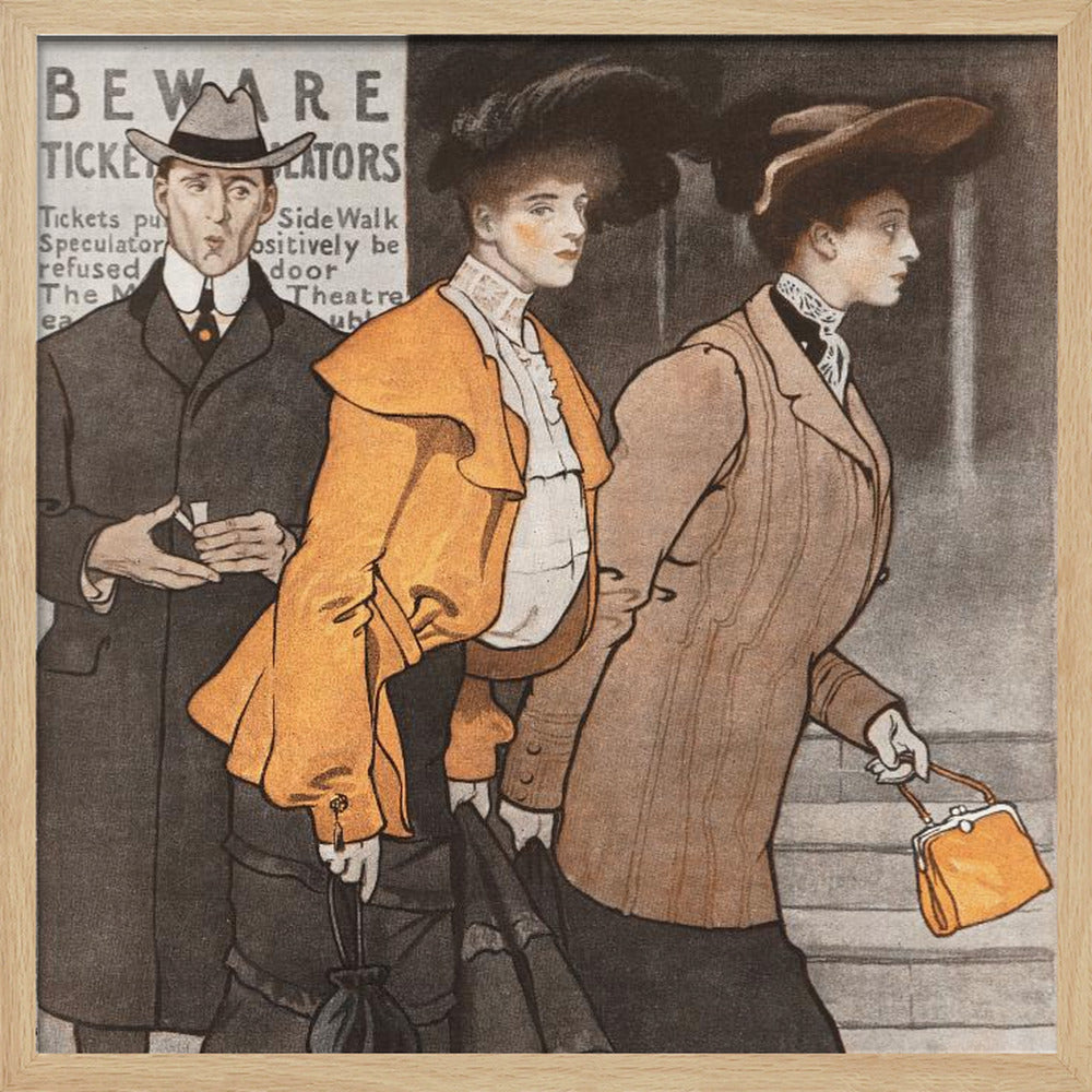 A vintage illustration of three people in early 20th-century clothing. A man in a dark suit and hat stands behind two women. The woman in the center wears a vibrant orange jacket and a large black hat, while the woman on the right wears a tailored brown suit and carries a small orange purse. They are walking on a city street past a sign that reads 'BEWARE TICKET SCALATORS'. Decor