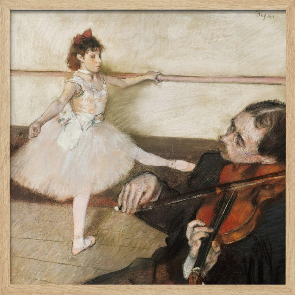 An impressionist painting by Edgar Degas of a young ballerina in a white tutu practicing at a barre while a musician in the foreground plays the violin. Poster