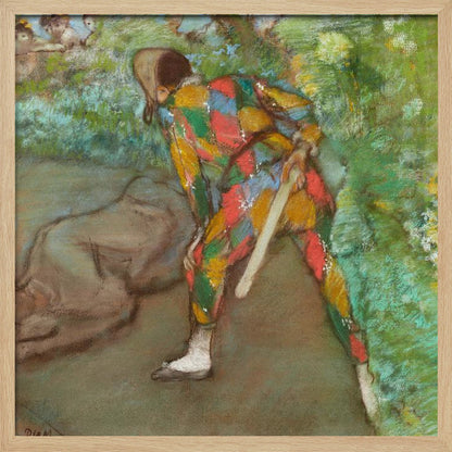 A pastel painting by Edgar Degas titled 'Harlequin'. It shows a figure from behind, dressed in a colorful diamond-patterned harlequin costume of red, yellow, green, and blue. The figure is bent over in a grassy landscape, holding a bat or slapstick. The style is impressionistic and soft. Print