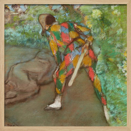 A pastel painting by Edgar Degas titled 'Harlequin'. It shows a figure from behind, dressed in a colorful diamond-patterned harlequin costume of red, yellow, green, and blue. The figure is bent over in a grassy landscape, holding a bat or slapstick. The style is impressionistic and soft. Print