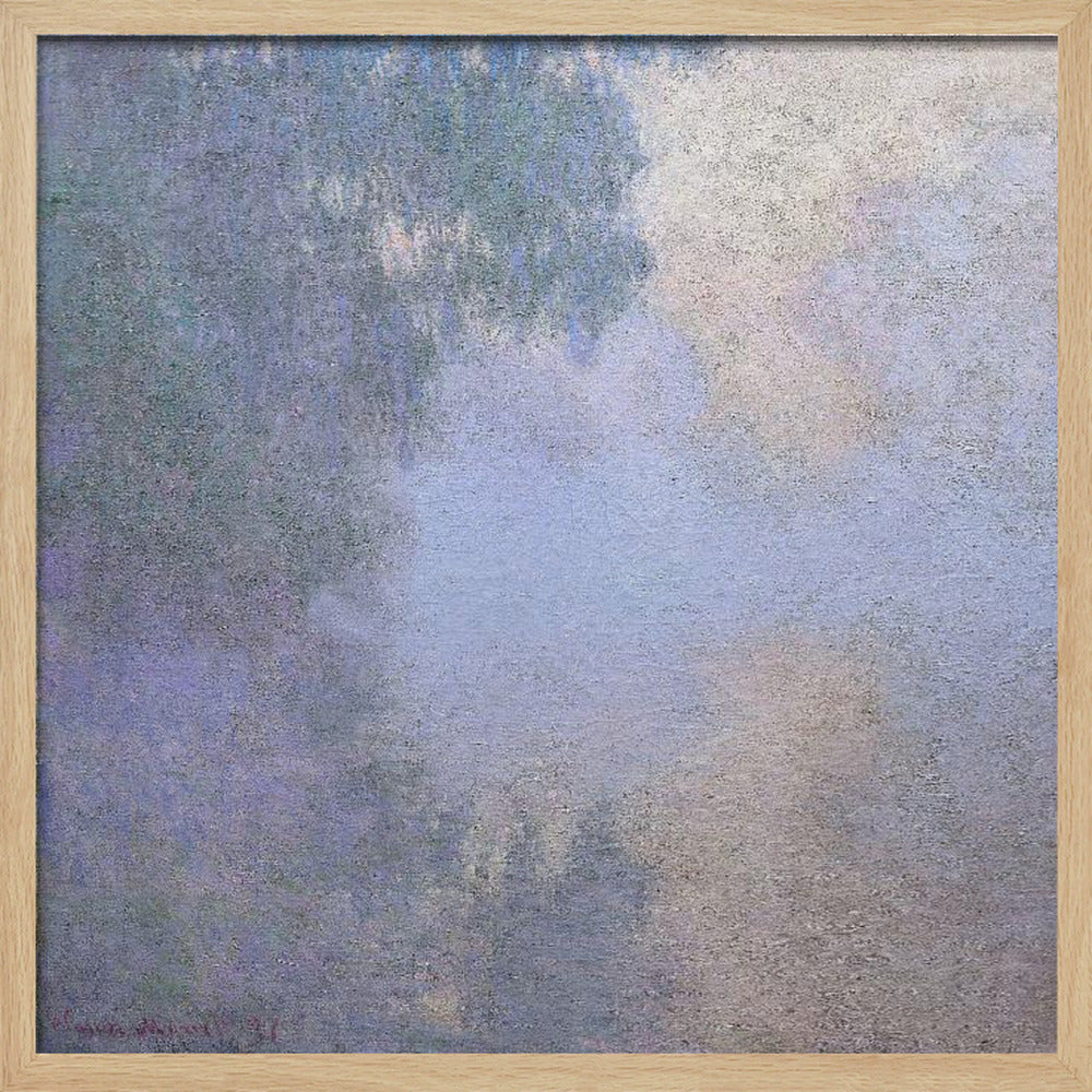 A square abstract painting in a light wood frame. The artwork has a rough texture and features a blend of muted colors, including shades of periwinkle blue, lavender, and grey, with a brighter, silvery-white area in the upper right, creating a cloudy, atmospheric effect. Poster