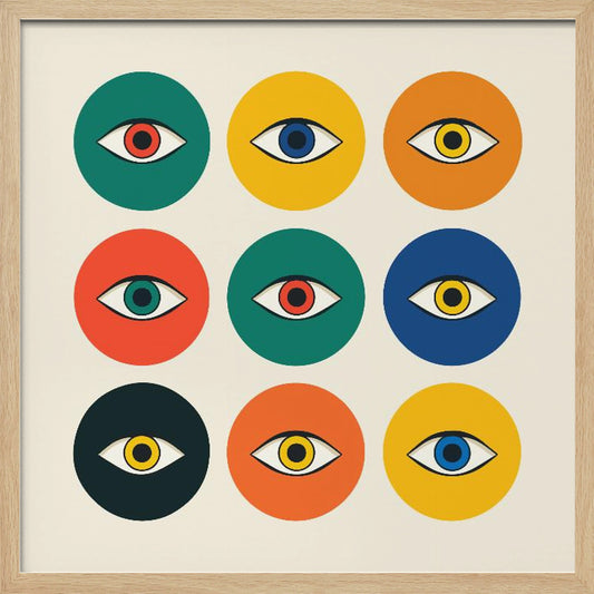 A framed modern art print featuring a 3x3 grid of nine colorful circles on an off-white background. Each circle, in shades of green, yellow, orange, red, and blue, contains a single stylized eye, creating a repeating pop art pattern. Wall Art