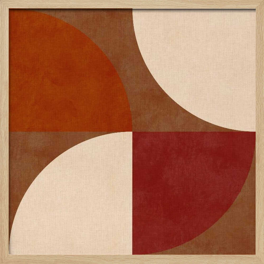 A framed abstract artwork featuring a four-quadrant design with curved geometric shapes. The colors are warm earth tones, including rust orange, deep red, brown, and cream, arranged to form interlocking semi-circles against a textured background. Decor
