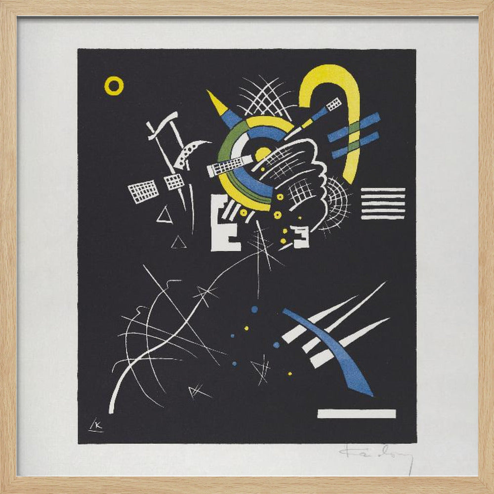 An abstract print by Wassily Kandinsky titled 'Small Worlds VI', featuring a dynamic composition of geometric and organic shapes in vibrant yellow, blue, and white against a stark black background. The artwork is presented within a light wood frame. Wall Art