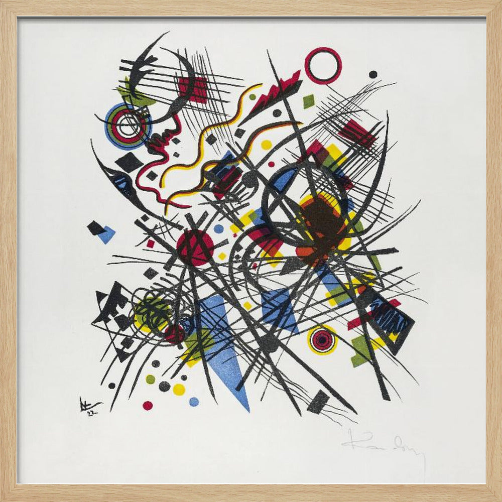 A framed abstract print by Wassily Kandinsky featuring a dynamic and complex composition of black lines, grids, and curves. Interspersed are geometric shapes and dots in primary colors of red, yellow, and blue, all set against a stark white background. The piece is housed in a simple, light-colored wooden frame. Print