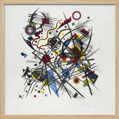 A framed abstract print by Wassily Kandinsky featuring a dynamic and complex composition of black lines, grids, and curves. Interspersed are geometric shapes and dots in primary colors of red, yellow, and blue, all set against a stark white background. The piece is housed in a simple, light-colored wooden frame. Print