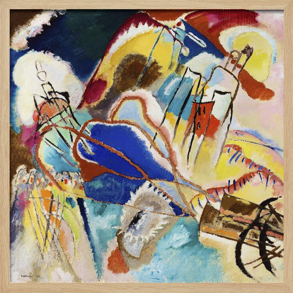 An abstract painting by Wassily Kandinsky titled 'Improvisation 31 (Sea Battle)' in a light wood frame. The composition is a chaotic explosion of vibrant colors, dominated by large areas of deep blue, bright yellow, and red. Dynamic black lines and abstract shapes swirl across the canvas, suggesting motion and energy. Print