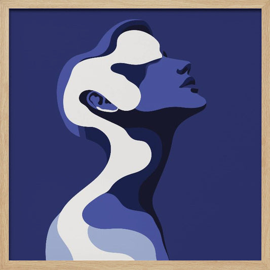 A framed piece of modern art depicting a stylized profile of a person's head and neck. The figure, looking upwards, is composed of flowing, layered shapes in shades of blue and white against a solid dark blue background. Poster