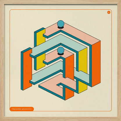 A framed artwork of an impossible geometric structure in a retro color palette. The maze-like object features orange, yellow, pink, and light blue surfaces with dark teal outlines, all on an off-white background. Two blue spheres rest on different levels of the structure. Wall Art