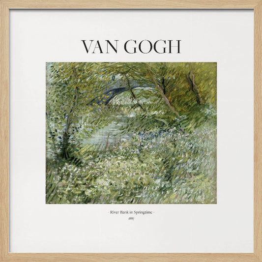 A framed art print of Vincent van Gogh's painting 'River Bank in Springtime'. The impressionist artwork depicts a lush green riverside scene with white flowers and a distant bridge, framed in light wood with a white mat. Wall Art