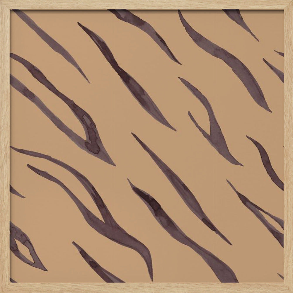 A framed piece of art featuring an abstract pattern of dark, purplish-brown tiger stripes painted in a watercolor style, arranged diagonally on a solid tan background, all enclosed within a light wood frame. Decor