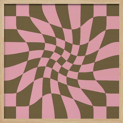 A framed abstract art piece featuring a warped checkerboard pattern in pink and dark olive brown. The grid appears to twist and distort, creating an optical illusion of movement within a light wood frame. Print