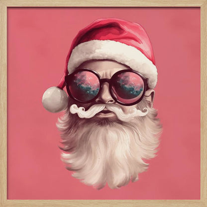 A modern, stylized portrait of Santa Claus against a solid pink background. He wears a classic red Santa hat and large, round sunglasses that reflect a colorful sky. His white mustache is perfectly curled, and he has a full white beard. Print