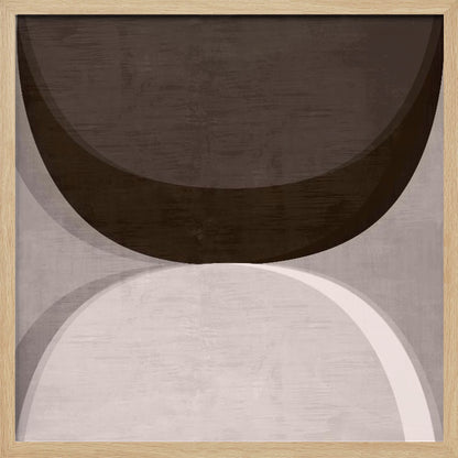 A square abstract artwork in a light wood frame, featuring two large, opposing curves. A dark brown arc dominates the top half, while a light gray and white arc fills the bottom half, creating a balanced, minimalist composition with a textured finish. Poster