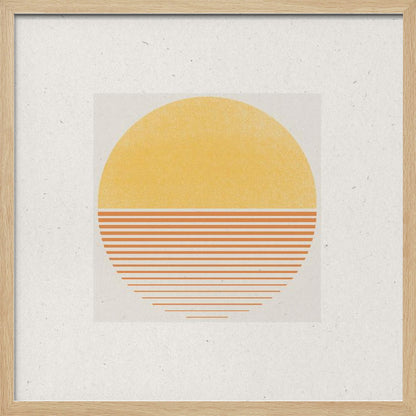 A framed minimalist art print featuring a large circle against an off-white background. The top half of the circle is a solid textured yellow, while the bottom half consists of horizontal orange stripes that gradually become thinner towards the bottom, evoking a stylized sun or sunset. The artwork is surrounded by a wide white mat and a light wood frame. Decor