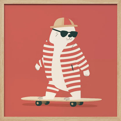 A framed illustration of a cool cartoon seal wearing a red and white striped swimsuit, a cap, and sunglasses while riding a skateboard against a solid red background. Poster