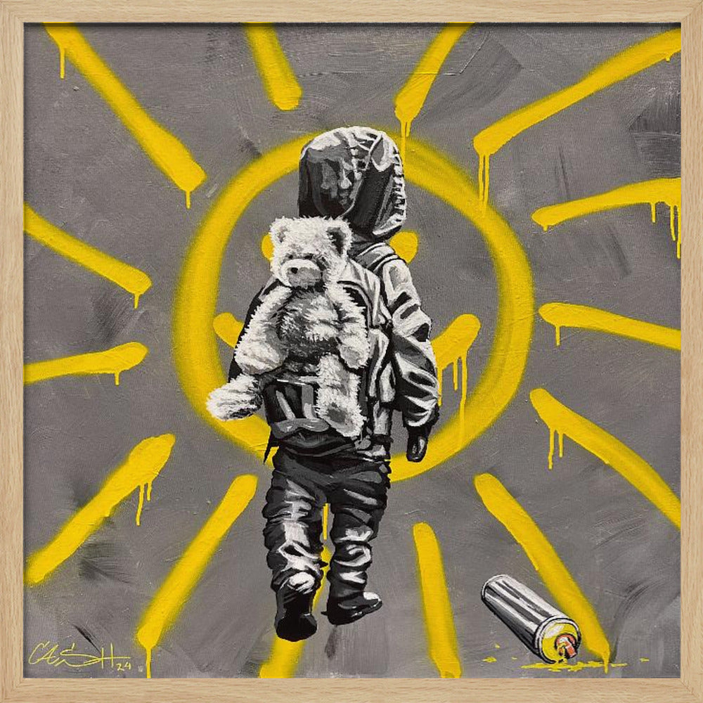 A framed street art-style painting with a grey background. A large, yellow, spray-painted sun with dripping rays dominates the scene. In the foreground, a small child in a dark hoodie and pants is depicted from behind in black and white, carrying a fluffy teddy bear on their back. A discarded spray paint can lies on the ground in the bottom right corner. Poster