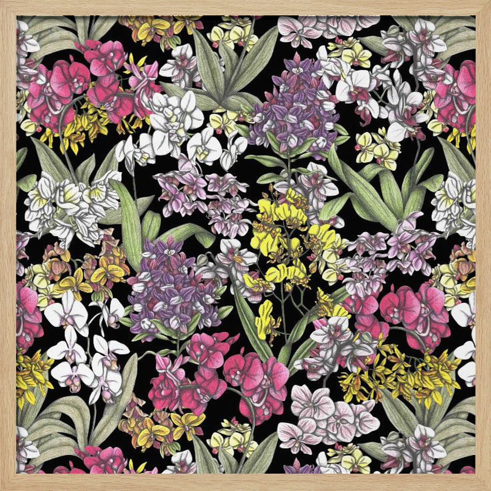 A vibrant, hand-drawn floral pattern of colorful orchids in pink, purple, yellow, and white. The dense botanical illustration, with its lush green leaves, is set against a stark black background, all enclosed within a light wood frame. Artwork