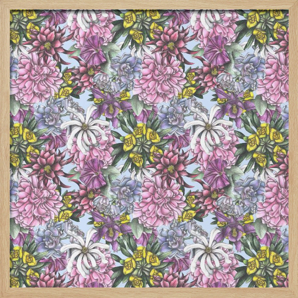 A framed artwork displaying a dense, repeating floral pattern with detailed illustrations of pink, purple, blue, white, and yellow flowers on a light blue background, encased in a simple light wood frame. Decor