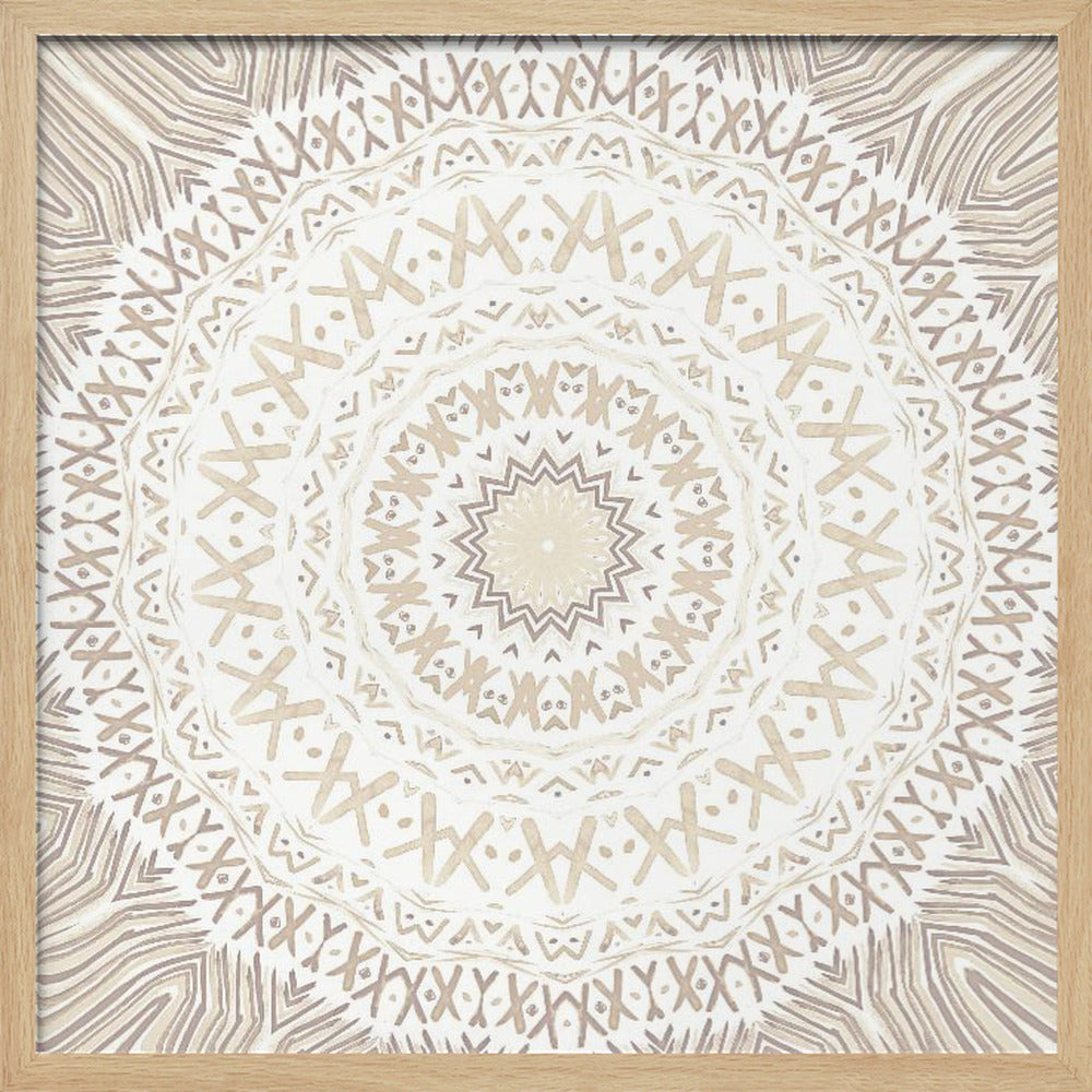 A framed square artwork featuring a detailed mandala design in neutral tones. The intricate pattern consists of concentric circles with geometric shapes like 'X's and chevrons, rendered in shades of beige and taupe on a white background, all enclosed in a light-colored wooden frame. Decor