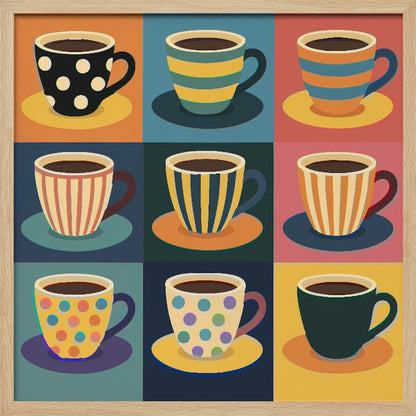 A framed pop art style illustration of nine coffee cups arranged in a 3x3 grid, each with a unique colorful pattern of stripes or polka dots against a different colored background square. Decor