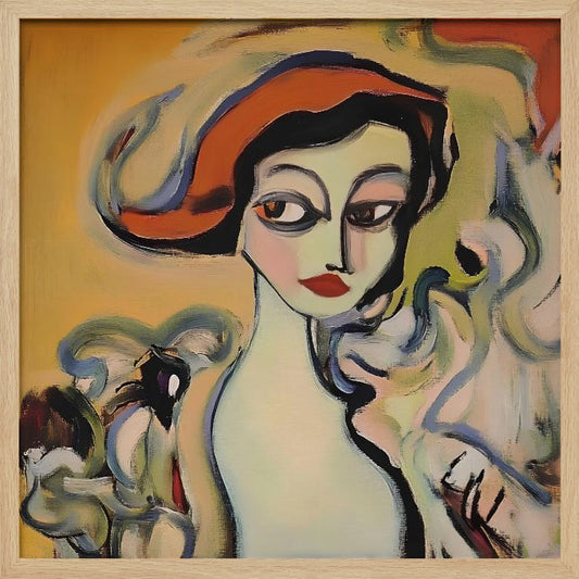 An abstract portrait painting of a woman with pale green skin, large dark eyes, and red lips, wearing a vibrant orange hat. The background is a warm yellow, and she is surrounded by swirling, expressive brushstrokes in shades of blue, green, and white. The painting is enclosed in a light-colored wooden frame. Wall Art