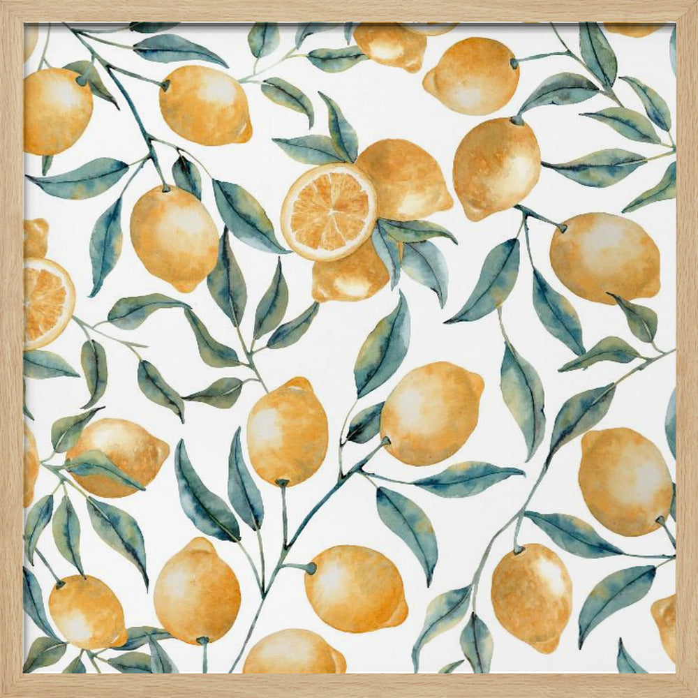 A framed watercolor painting featuring a repeating pattern of bright yellow lemons and blue-green leaves on delicate branches against a clean white background. Some of the lemons are sliced in half, showing their inner texture. Wall Art