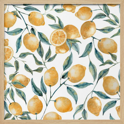 A framed watercolor painting featuring a repeating pattern of bright yellow lemons and blue-green leaves on delicate branches against a clean white background. Some of the lemons are sliced in half, showing their inner texture. Wall Art