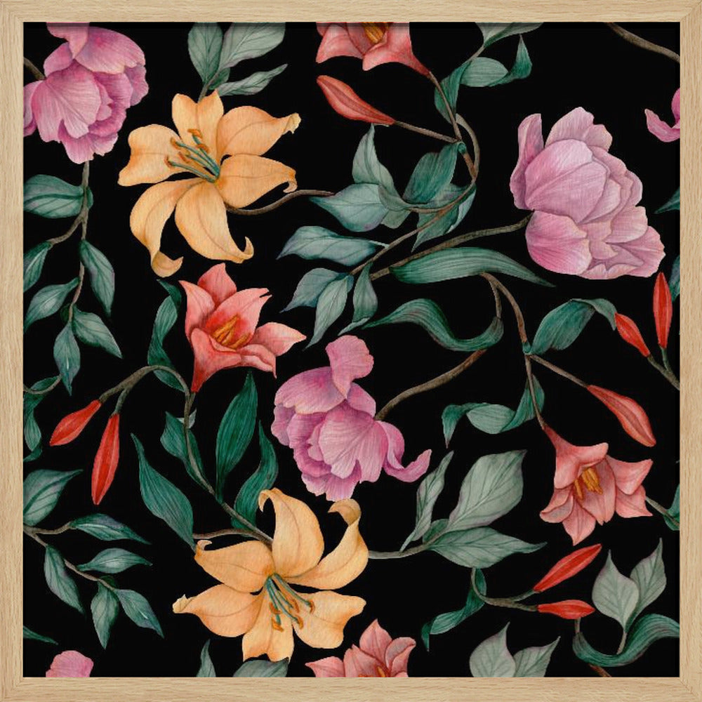 A watercolor floral pattern featuring pink peonies, orange lilies, and green leaves intertwined on a dark black background, all framed by a light wood border. Poster