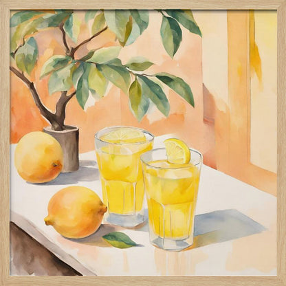 A watercolor painting in a light wood frame depicting a sunny still life. On a white table sit two glasses of yellow lemonade, garnished with lemon slices. Two whole lemons rest nearby, along with a small potted lemon tree with green leaves. The background is a warm, sunlit peach-colored wall. Poster