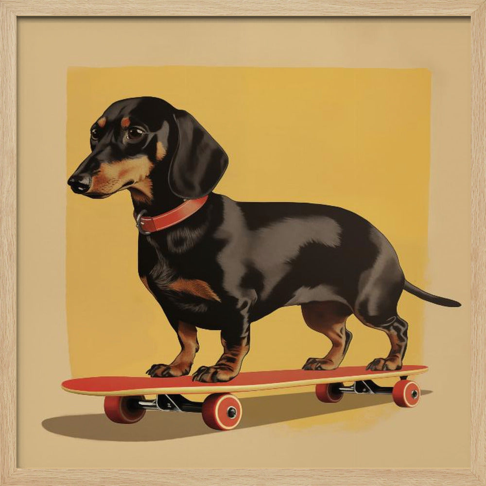 An illustration of a black and tan dachshund standing on a red skateboard against a mustard yellow background. The dog is in profile, wearing a red collar, and the artwork is shown in a light wood frame. Poster