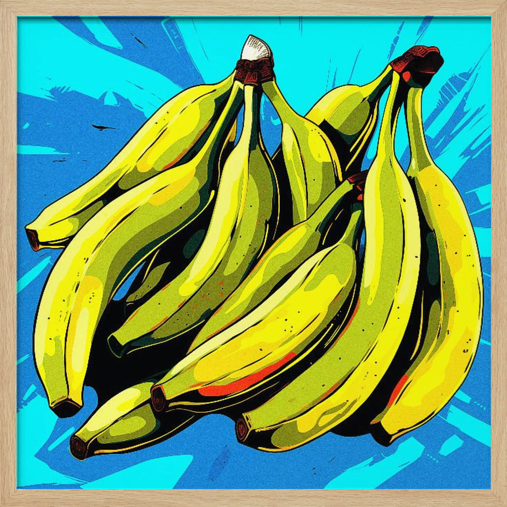 A vibrant pop art illustration of a large bunch of yellow-green bananas against a bright, textured blue background, all enclosed in a simple light wood frame. Decor