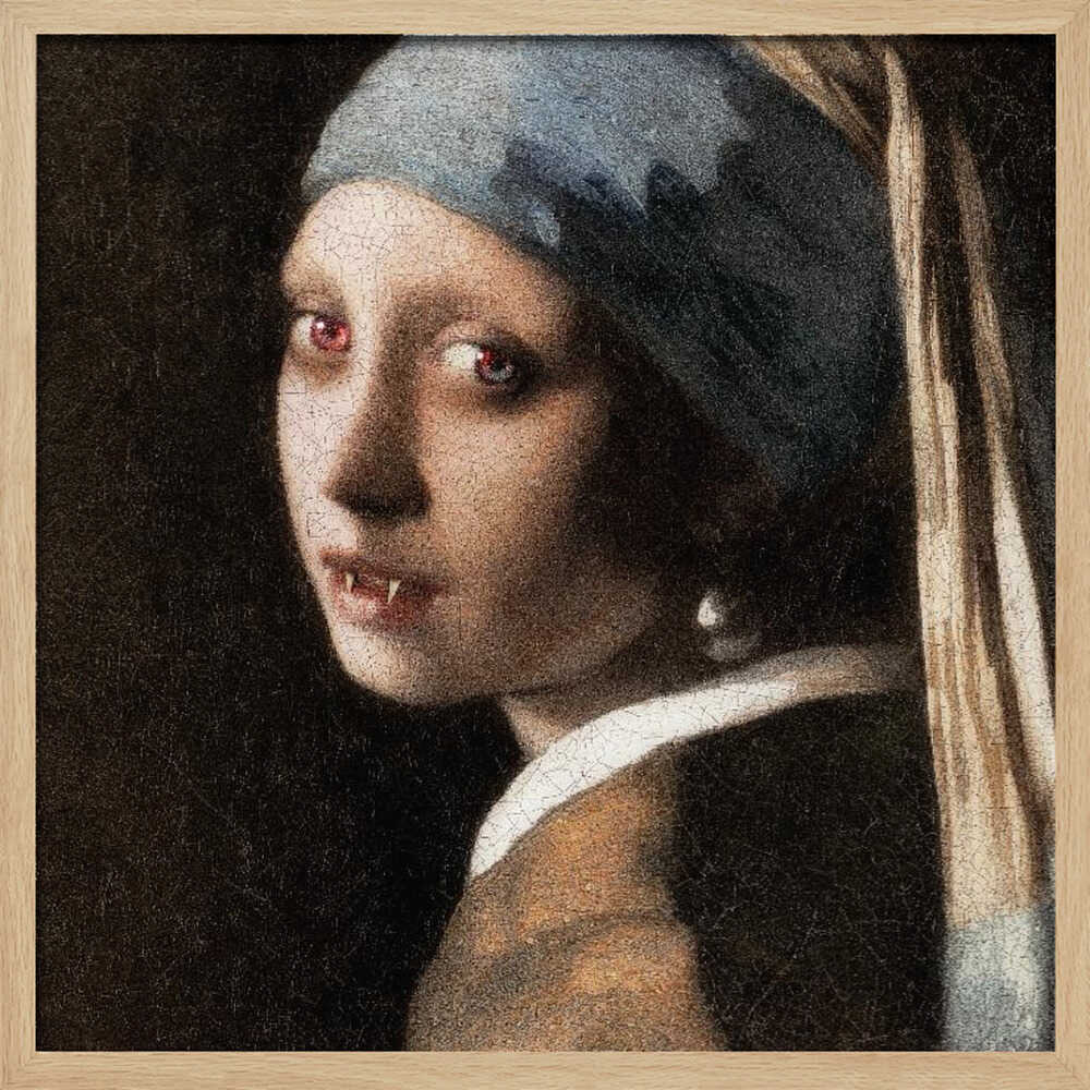 A framed oil painting parody of Vermeer's 'Girl with a Pearl Earring,' reimagined as a vampire. The girl has pale, cracked skin, glowing red eyes, and visible fangs as she gazes back over her shoulder. The classic blue and yellow turban and pearl earring contrast with the dark, gothic alteration. Wall Art