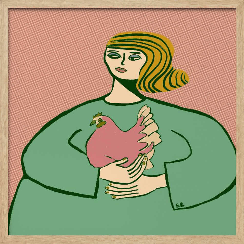 A stylized illustration of a woman with wavy, striped blonde hair wearing a loose green tunic. She is cradling a pink chicken in her arms against a muted pink, patterned background. The artwork is displayed in a light wood frame. Poster