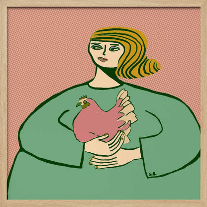 A stylized illustration of a woman with wavy, striped blonde hair wearing a loose green tunic. She is cradling a pink chicken in her arms against a muted pink, patterned background. The artwork is displayed in a light wood frame. Poster