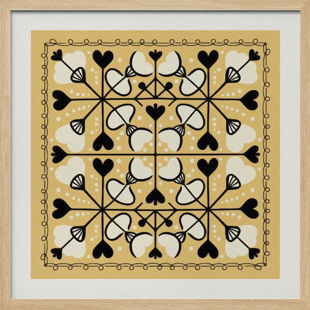 A framed square art print with a symmetrical folk art pattern on a mustard yellow background. The intricate black and white design features repeating heart and floral-like motifs, enclosed by a hand-drawn looped border. Poster