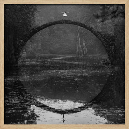 A framed black and white photograph of a ballerina in a white tutu standing at the peak of a semi-circular stone bridge. The bridge and the ballerina are perfectly reflected in the still water below, creating a full circle. The scene is set in a dark, misty forest, giving it a surreal and moody atmosphere. Artwork