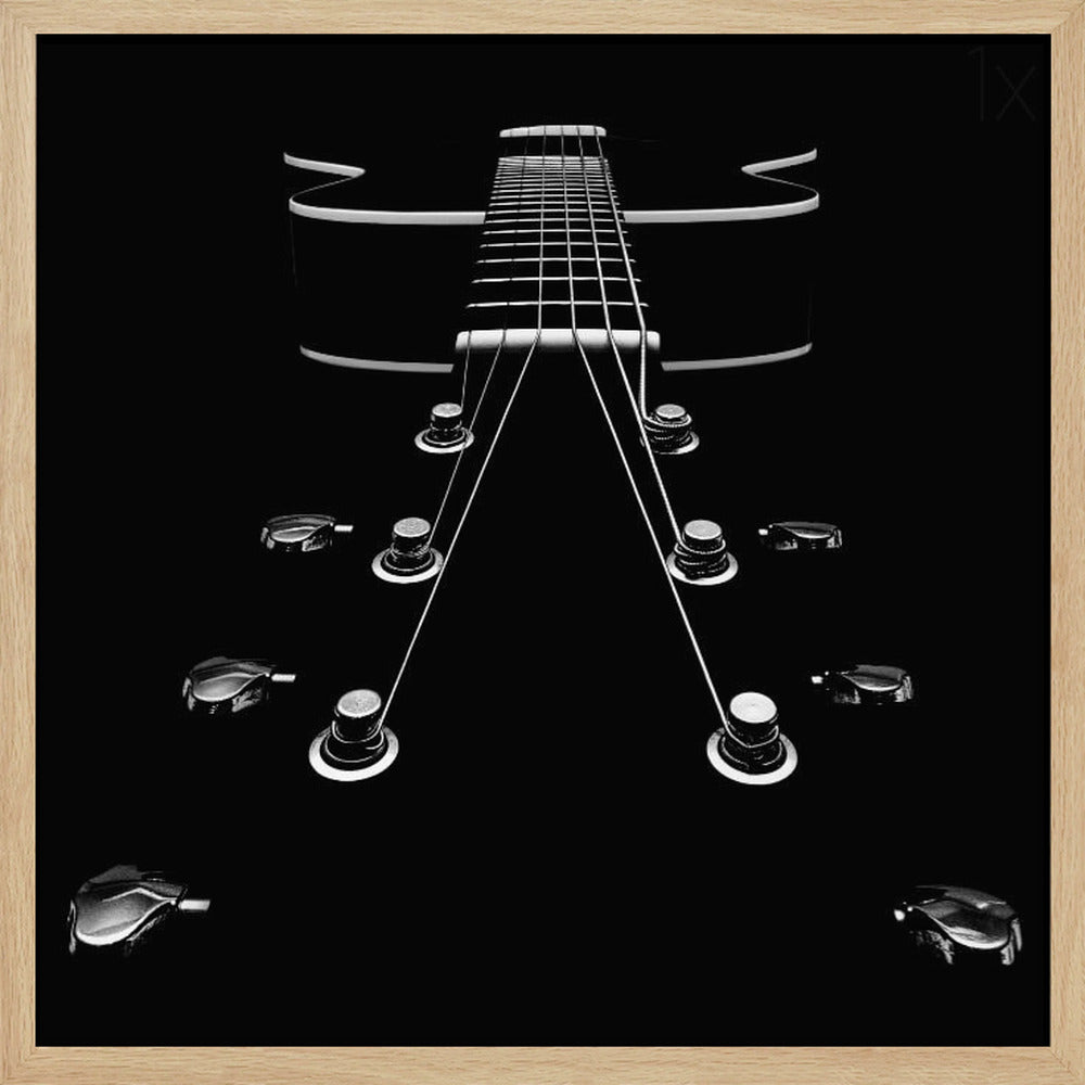 A dramatic, low-angle, black and white photograph of an electric guitar. The perspective looks up from the headstock, with the shiny tuning pegs and strings creating strong leading lines towards the fretboard and body, which are outlined in white against a solid black background. Poster