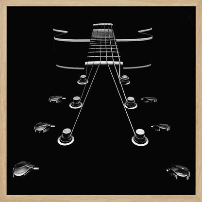 A dramatic, low-angle, black and white photograph of an electric guitar. The perspective looks up from the headstock, with the shiny tuning pegs and strings creating strong leading lines towards the fretboard and body, which are outlined in white against a solid black background. Poster